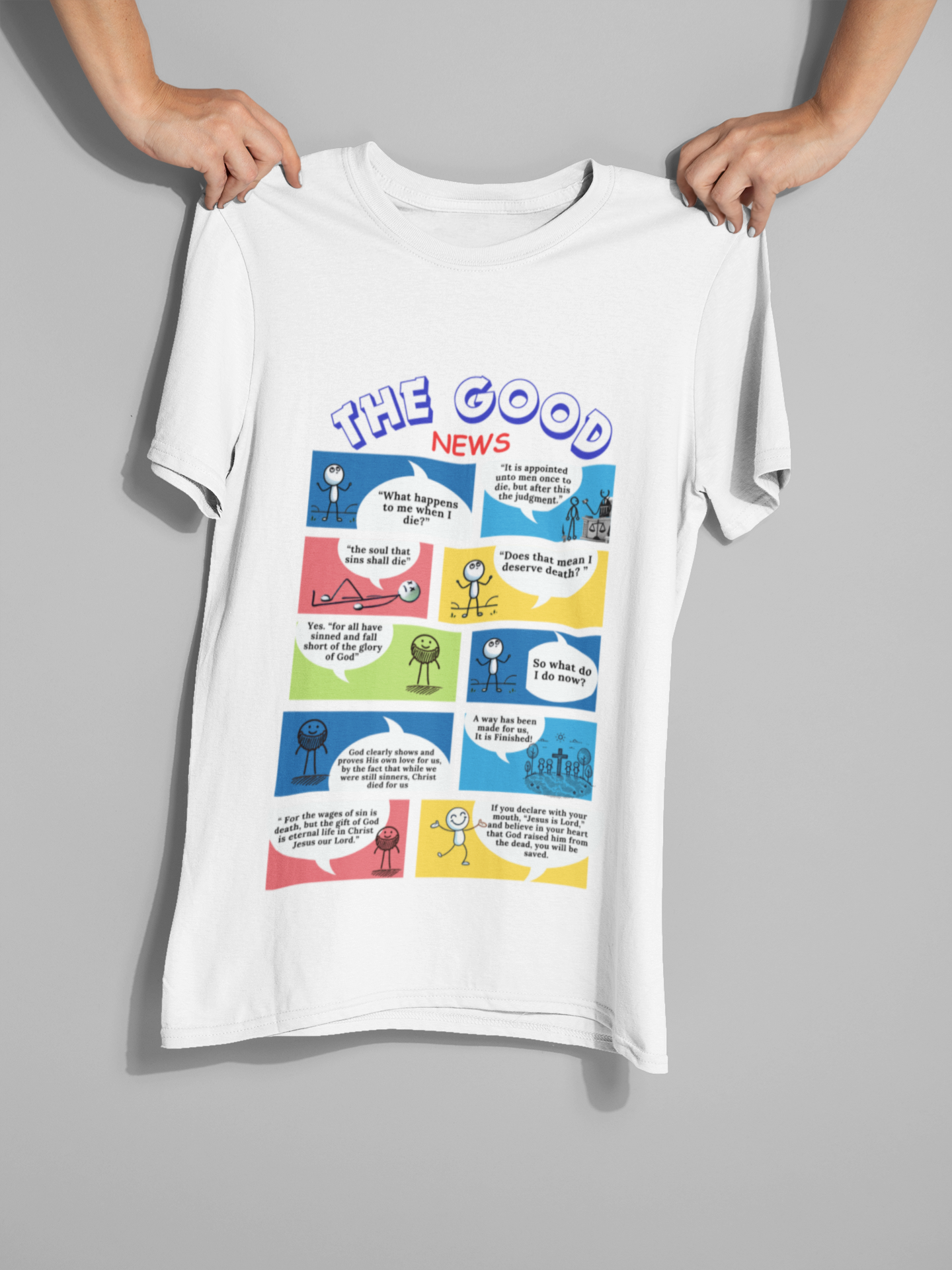 Christian Tee – “The Good News” | Unisex Heavyweight Premium Tee with Gospel Comic Strip (White)