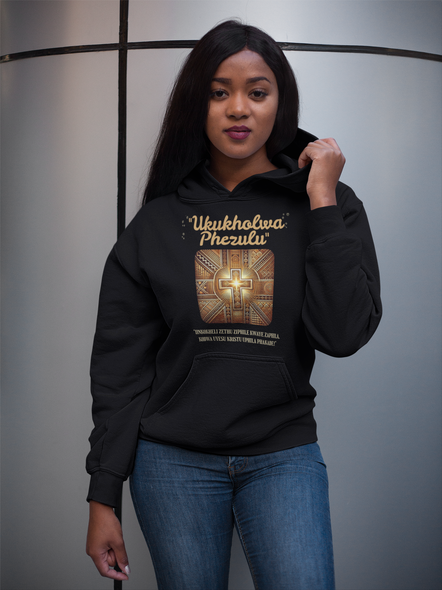 Christian Hoodie – “Ukukholwa Phezulu” | IsiXhosa Faith-Based Standard Hoodie with Powerful Message (Black)